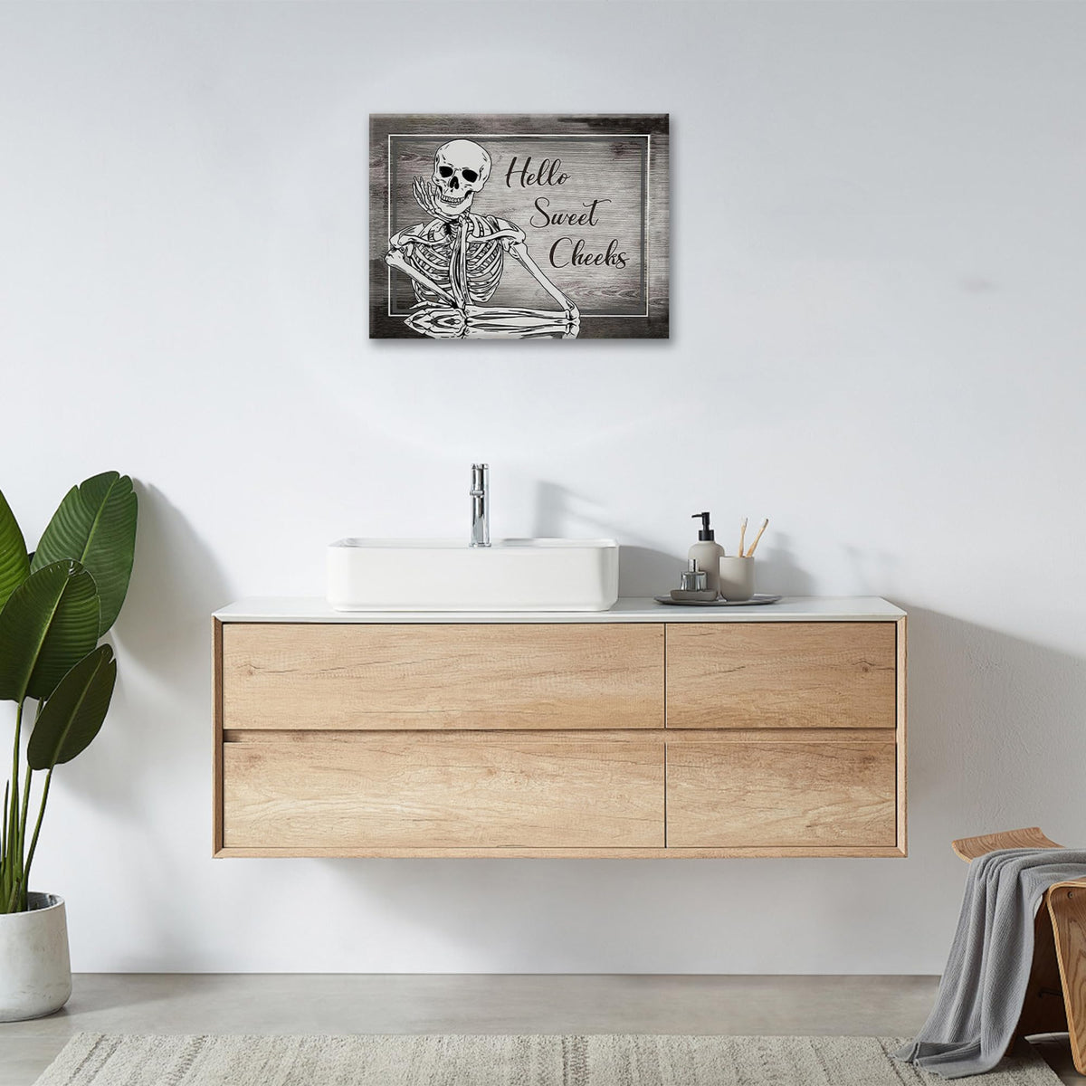 Bathroom Decor Wall Art Halloween Skeleton Canvas Prints Painting Gothic Skull Bathroom Pictures Framed Funny Weird Artwork for Toilet Restroom Washroom 16"x12"