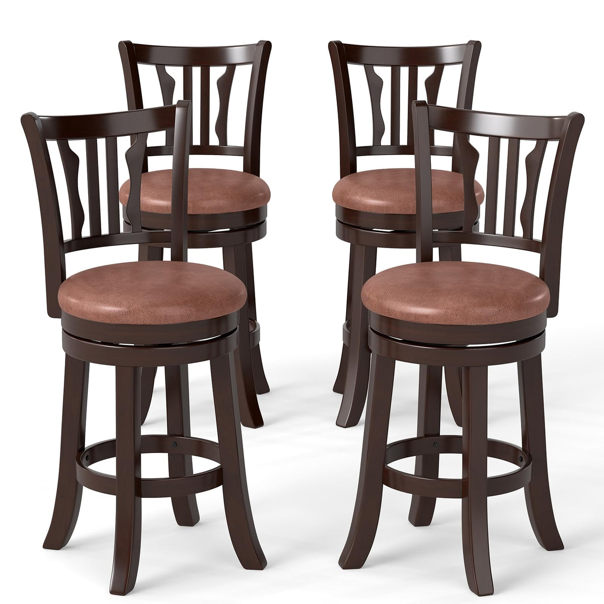 COSTWAY 26" Counter Height Stools Set of 4, Swivel High-Top Chairs with Backrest & Faux Leather Padded Seat, Rubber Wood Counter Barstools with Footrest for Kitchen, Dining Room, Pub (4,26'')