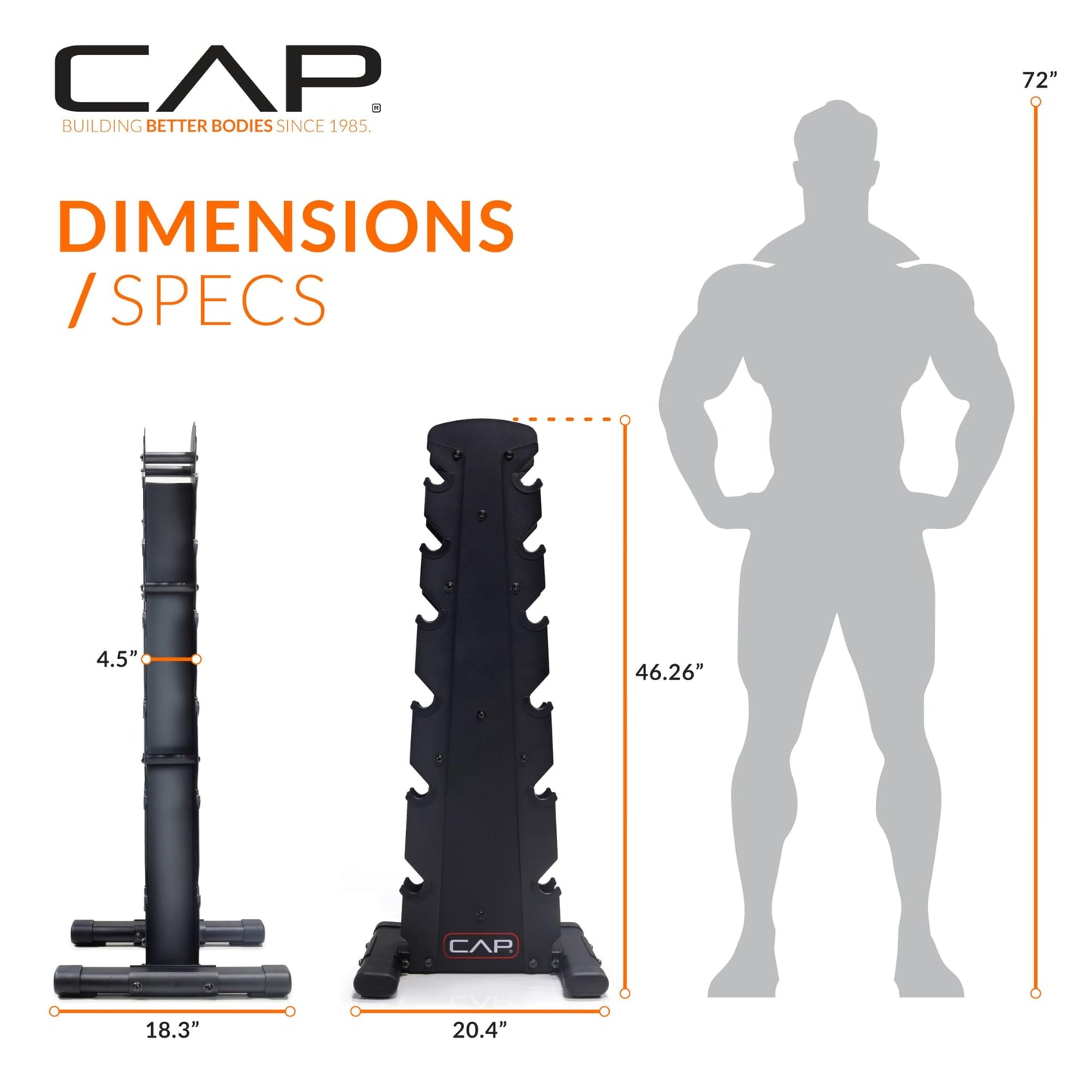 CAP 210 lb Rubber Coated Hex Dumbbell Set with Vertical Rack, Space-Saving Storage for Home Gym Strength Training, Chrome Handle, Black Rack