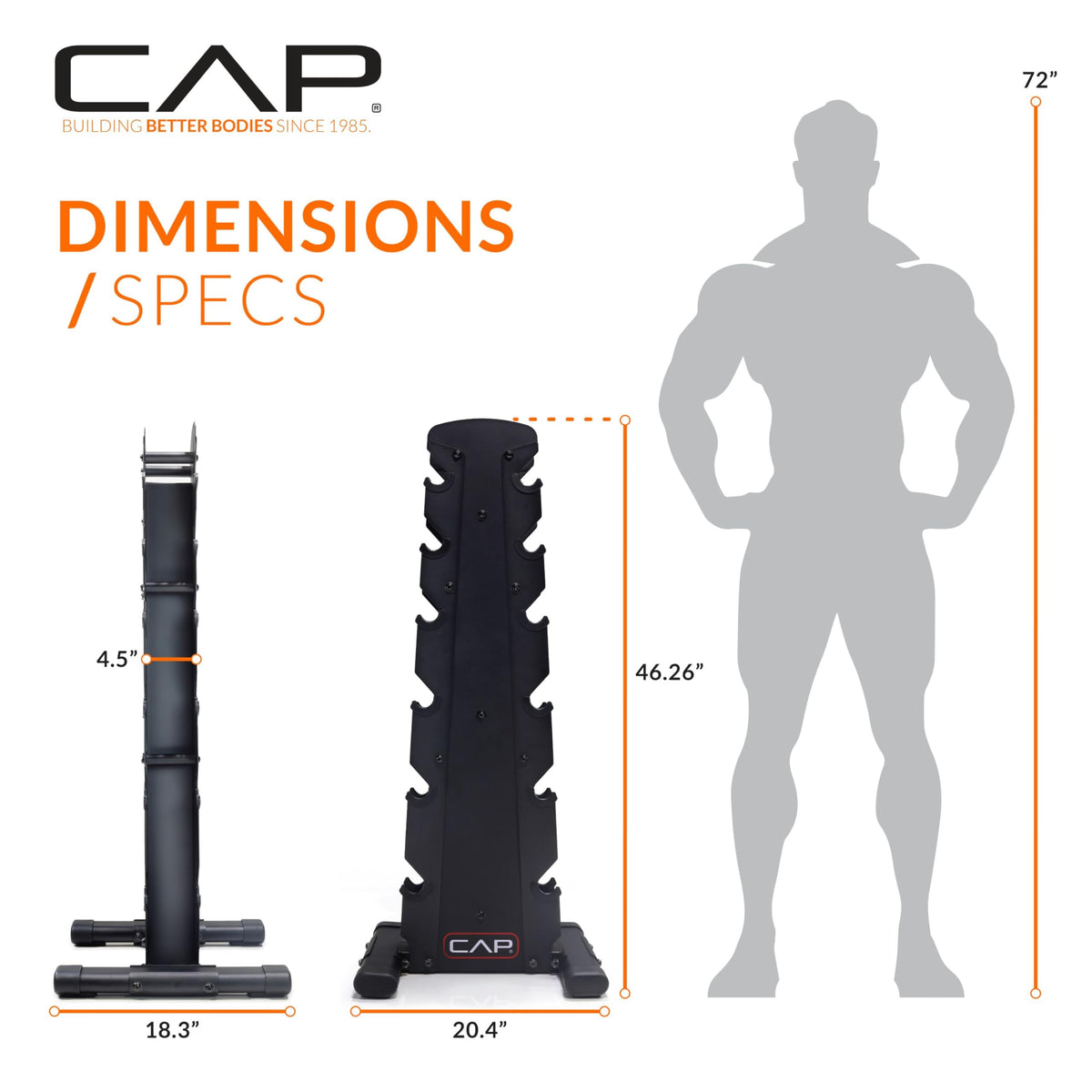 CAP 210 lb Rubber Coated 12-Sided Dumbbell Set with Vertical Rack, Space-Saving Storage for Home Gym Strength Training, Black Handle, Black Rack