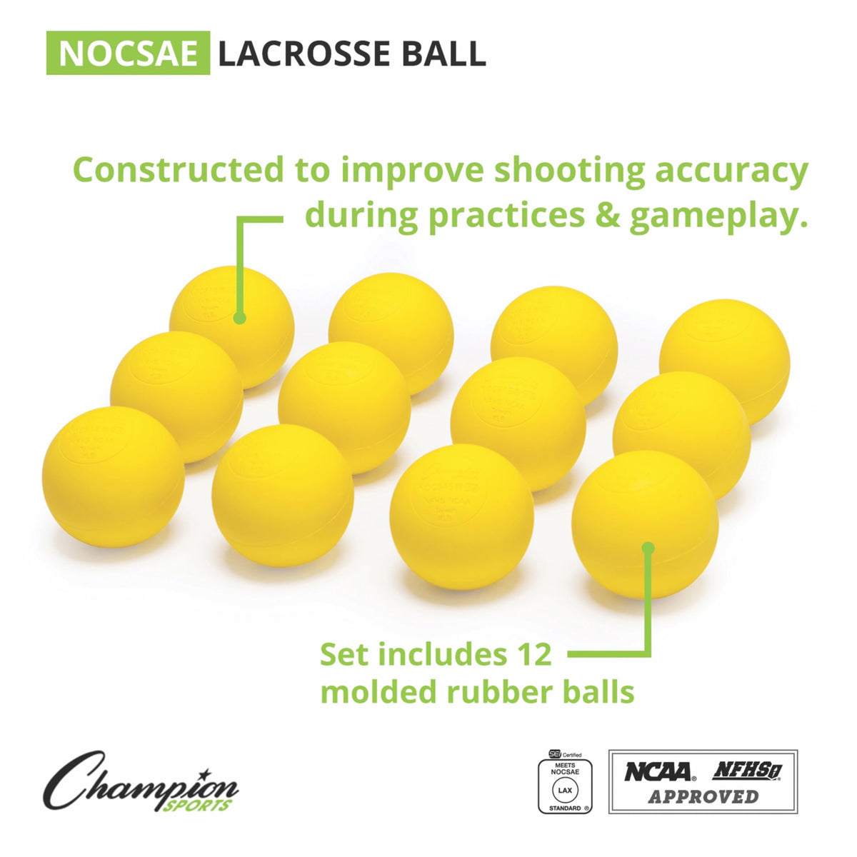 Champion Sports Lacrosse Balls – Official Size Equipment for Professional, College & High School Games, Practices & Recreation, NOCSAE, NCAA, NFHS & SEI Certified, 12-Pack, Yellow