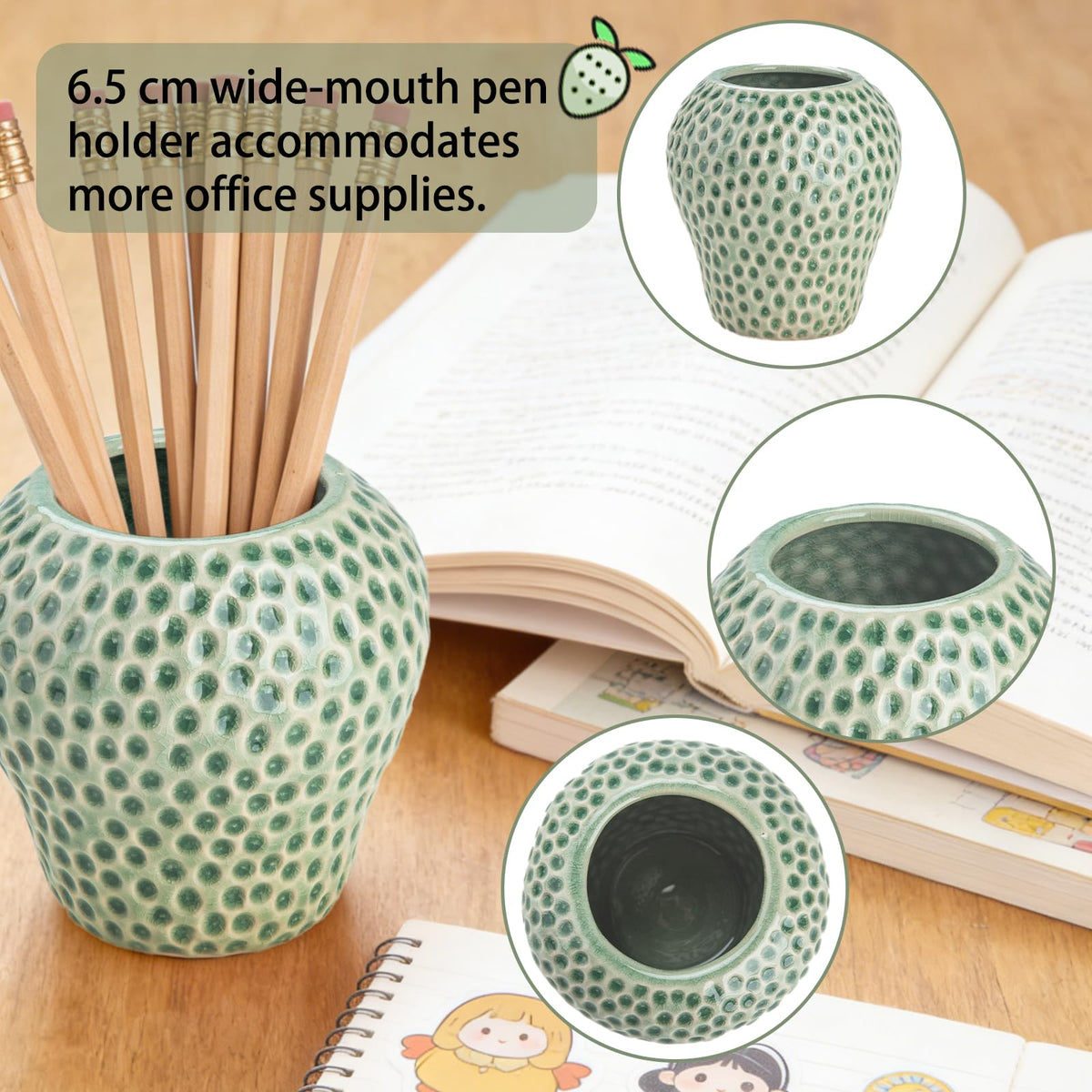 Uhuida Cute Strawberry Pencil Holder for Desk, Large Ceramic Pen Holder & Makeup Brush Holder, Kawaii Strawberry Desk Organizers for Girls Kids Teachers(Green)
