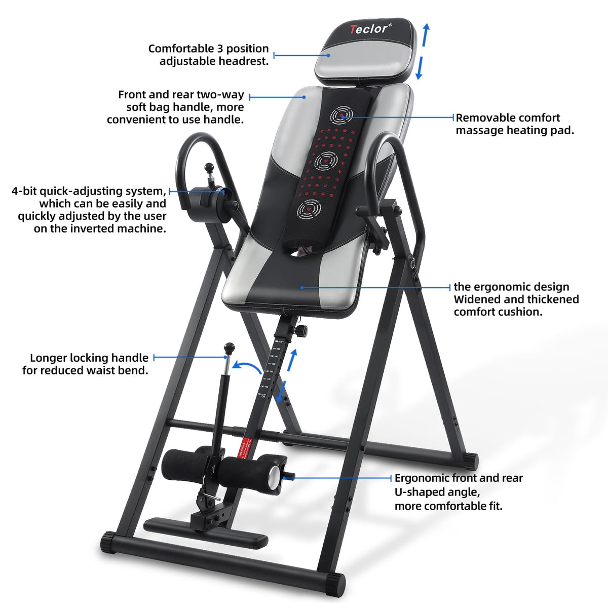 Teclor Inversion Table,Advanced Heat and Massage Function,Strength Training Inversion Table for Back Pain Relief,Heavy Duty Inversion Table 350 lbs Capacity with Wider and Thickened Backrest