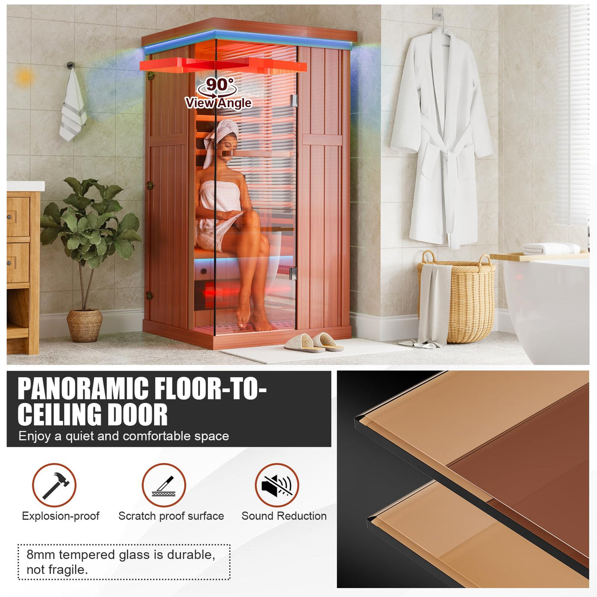 MEISSALIVVE Full Spectrum Infrared Sauna，1 Person Home Sauna， Red Cedar Indoor Spa Sauna with Resonance Speaker and Tempered Glass