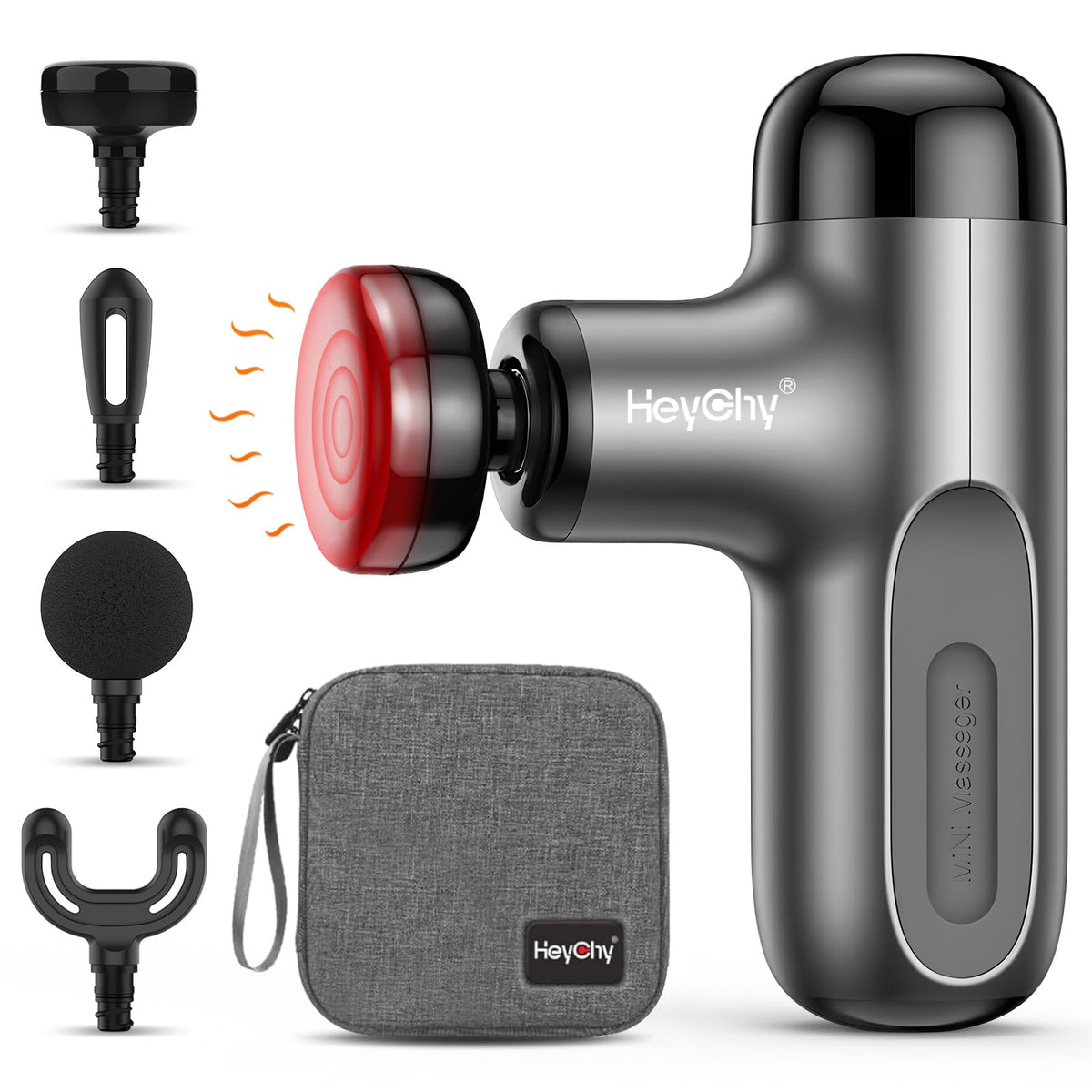 HEYCHY Mini Massage Gun with Heat, Deep Tissue Massage Gun, Portable Percussion Muscle Massager with 4 Massage Heads for Athletes