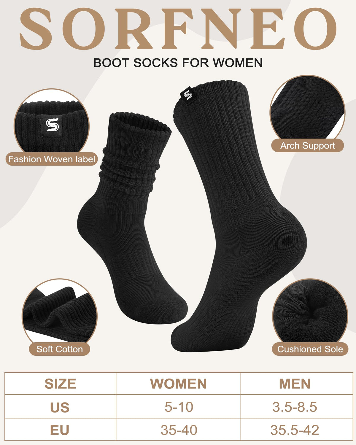 Sorfneo Athletic Slouchy Socks for Women, 4 Pairs Scrunch Cotton Comfy Boot Crew Socks, Size 5-10