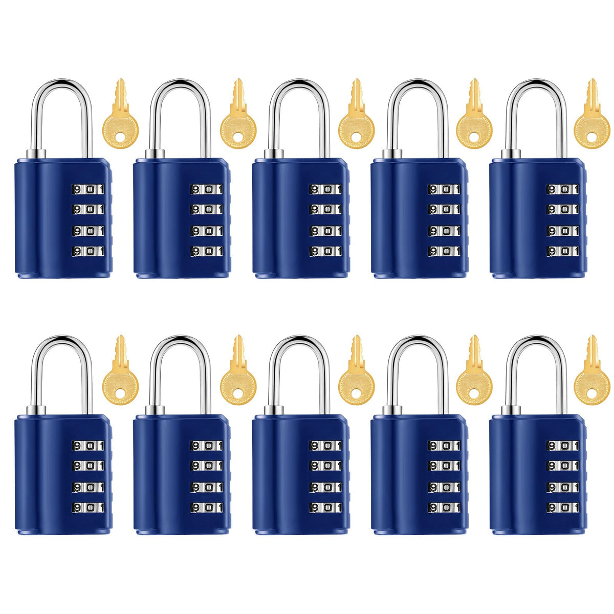 Kenning Combination Padlock 4 Digit Combination Lock with Keys Locker Resetable Security Outdoor Waterproof Gate Lock for School Sports Gym Locker Employee Fence Case(Sapphire,10 Pcs)