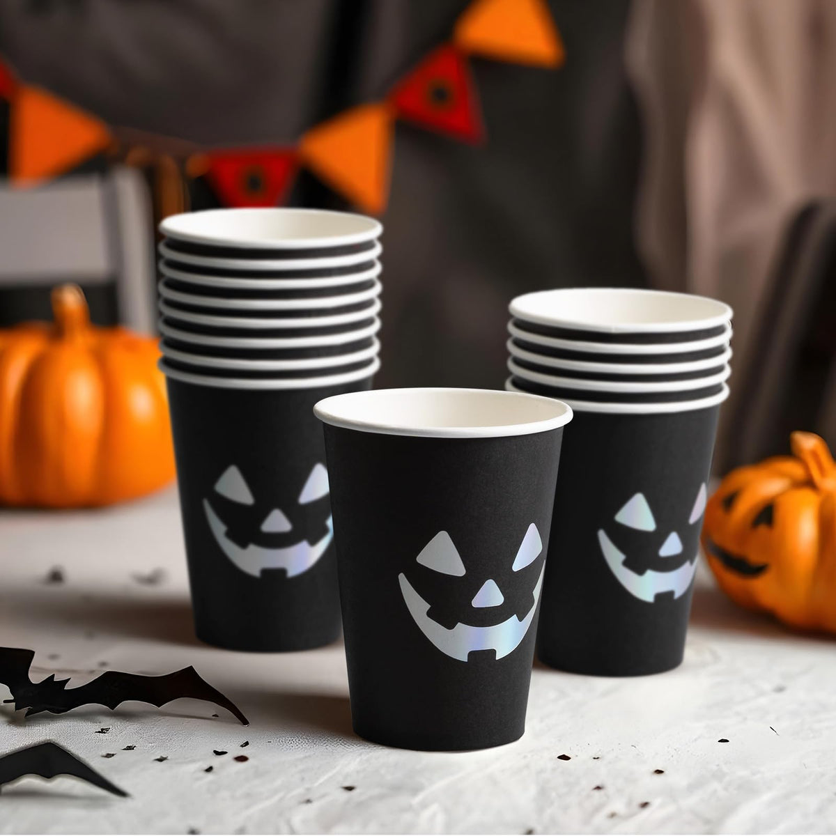 Confettiville Halloween Disposable Paper Party Cups, Bulk 50 Pack, Leak-Resistant, 12 oz Hot and Cold Cups for Restaurants and Parties, Jack-O-Lantern, Black & Silver