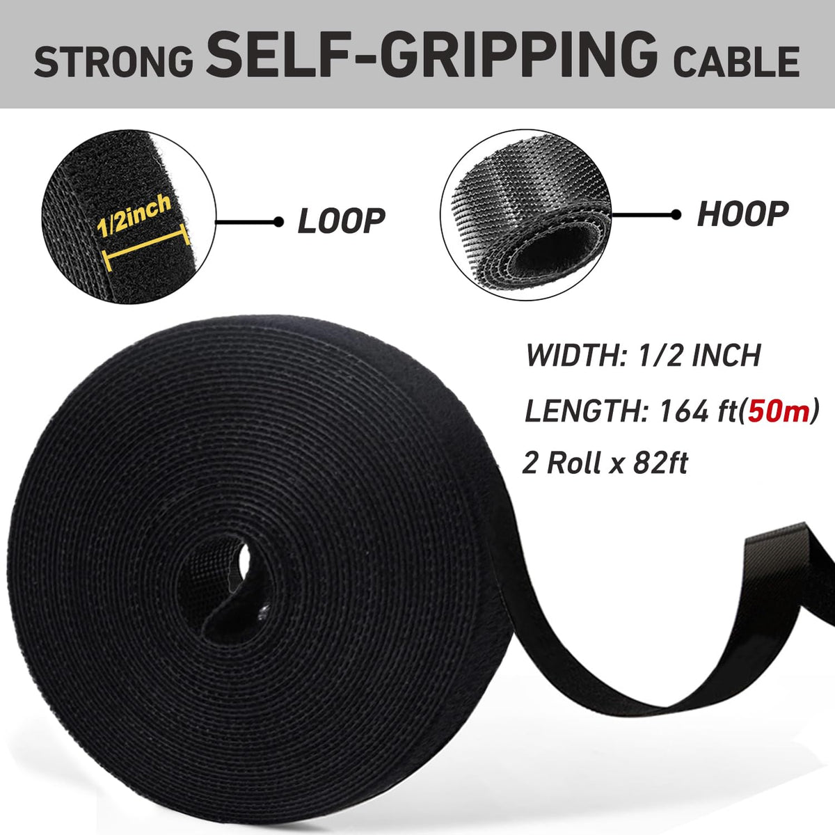 164ft x 1/2 inch Reusable Fastening Cable Ties, Hitotsu Hook and Loop Roll, Self-Gripping Bundling Strips for Cord Manage,Home, Office, Electrical Cords, Data Center, Host Room, Black, 2 Roll