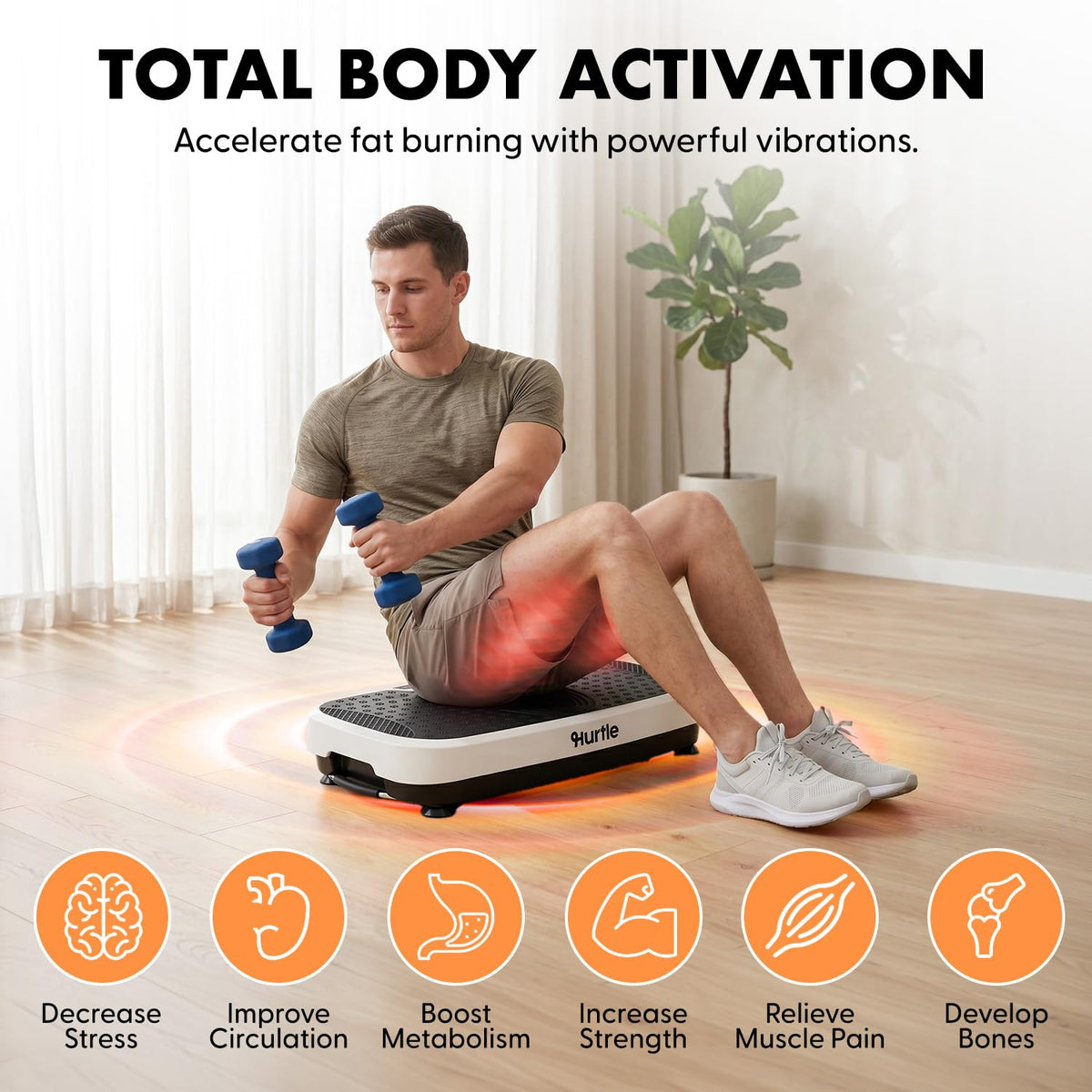 Hurtle Vibration Plate Exercise Machine, Portable Vibration Plate with Handles and 1-99 Speed Levels, 10 Preset Programs, Quiet Low-Impact Home Fitness Platform with Remote Control, White