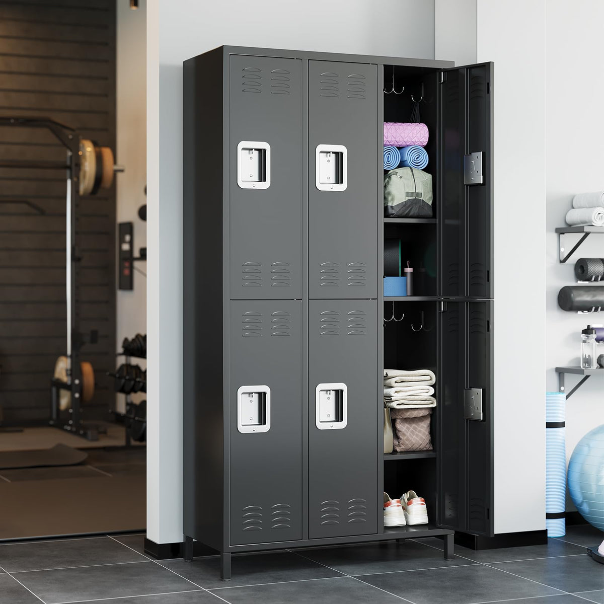 BouPower 72" Tall Metal Lockers for Employees with 12 Hooks and 9 Shelves, 6 Doors Office Storage Cabinet for Home, School, Gym, Office, Black