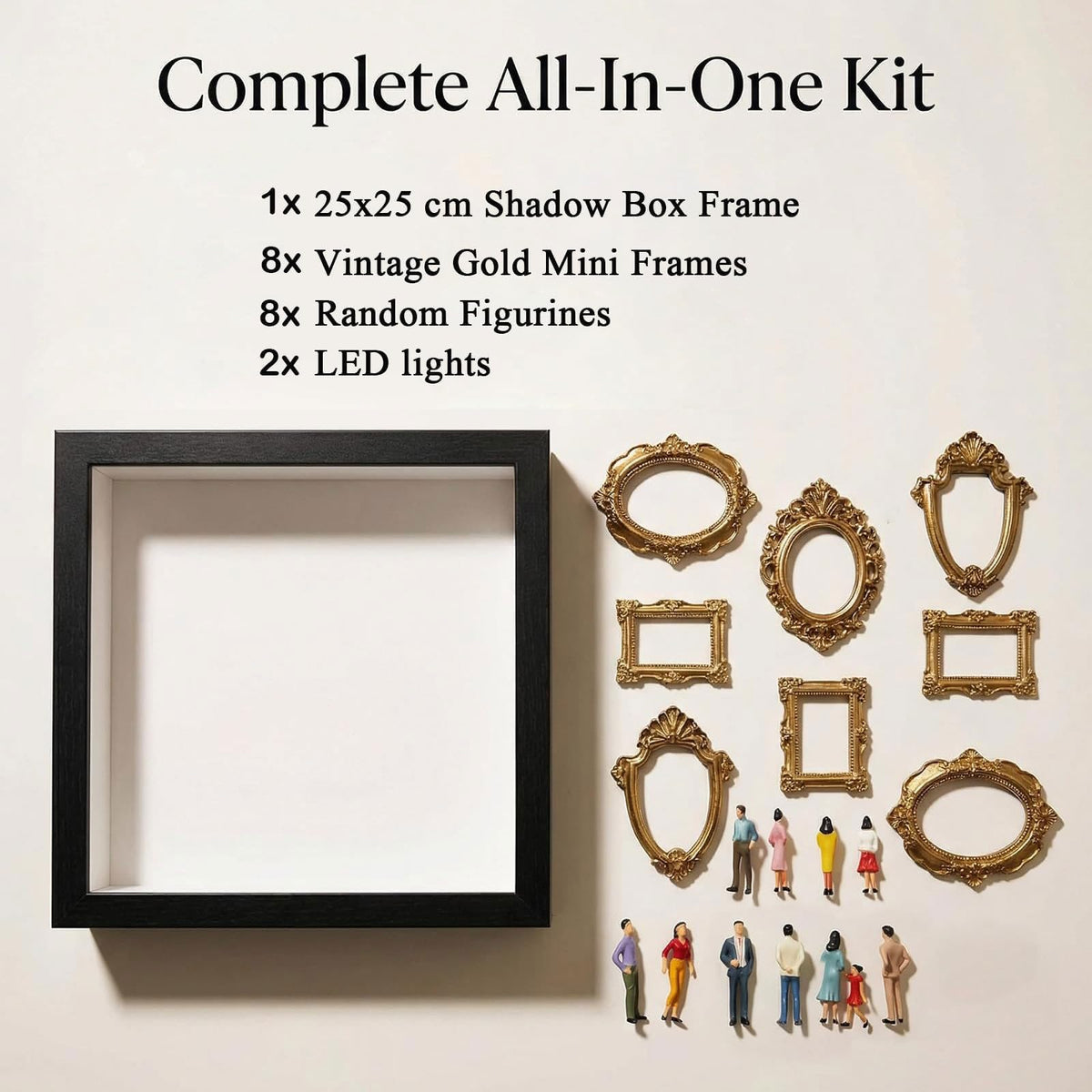 Mini Museum Silhouette Shadow Box Frame, DIY Memory Display Photo Craft Kit with LED String Lights, Mini Gold Frames & Figurines, Keepsake Box for Wedding Anniversary Family Milestone Gift (White)