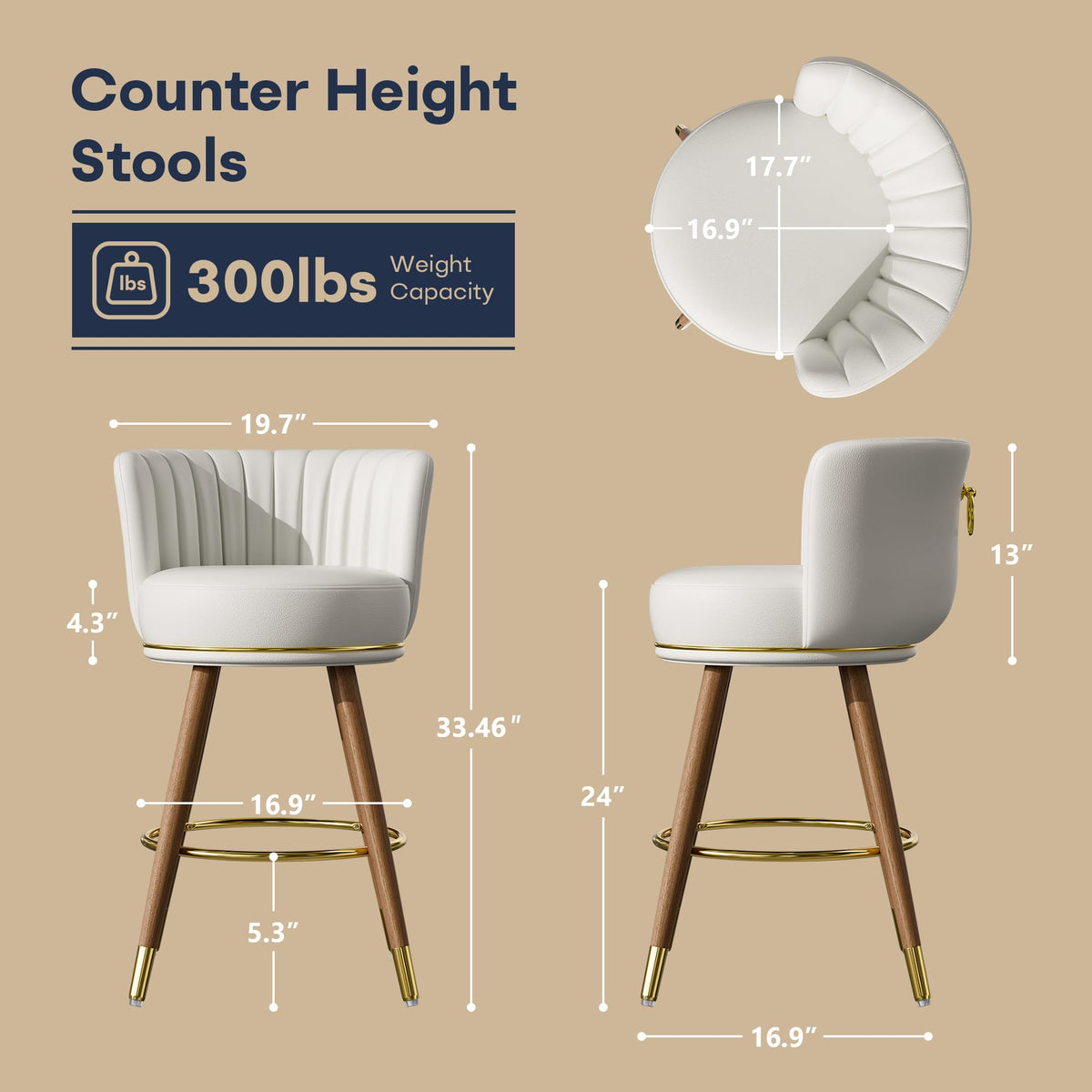SeekFancy 24" Swivel Bar Stools Set of 2, Counter Height BarStools with Back, Leather Swivel Kitchen Stools with Wood Legs and Footrest, Upholstered Pub White Bar Chairs Kitchen Island