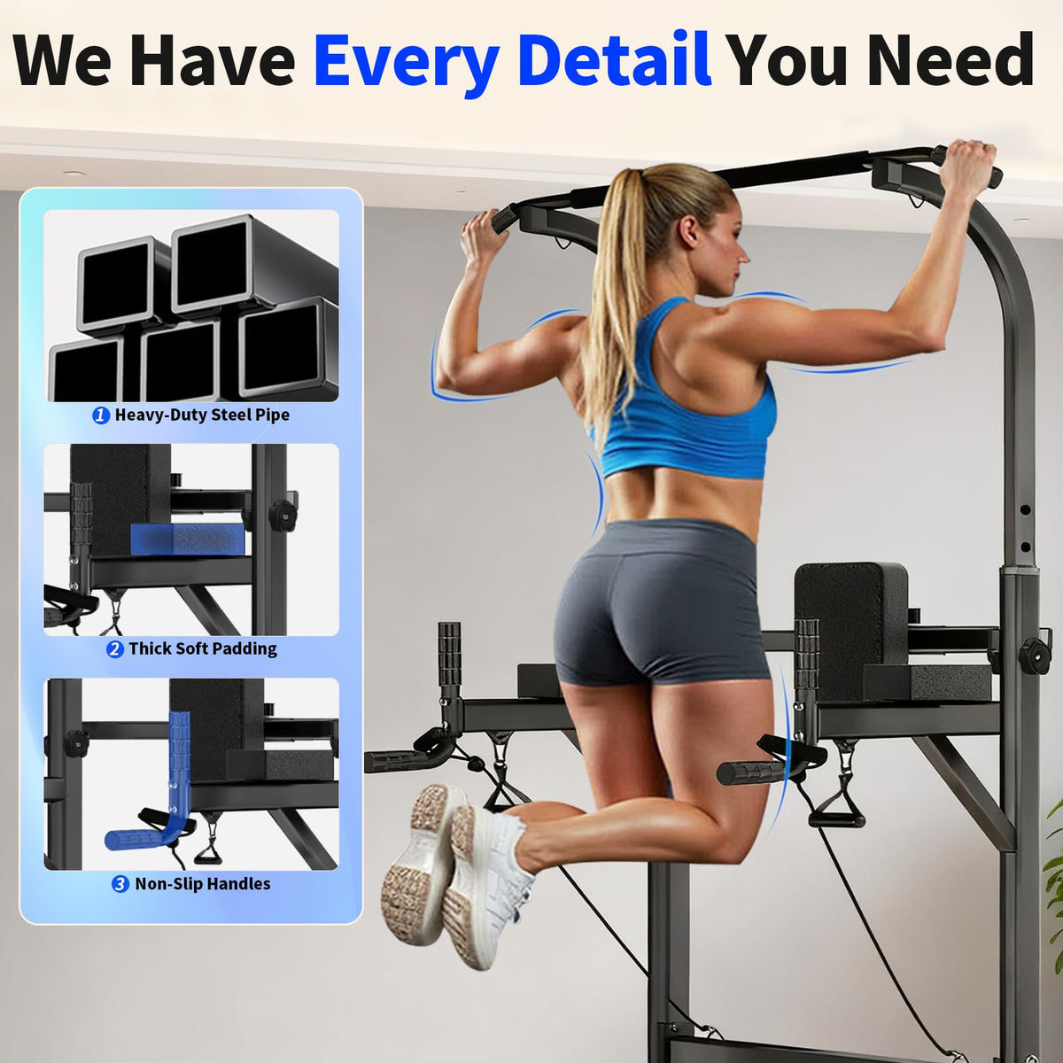 Pull Up Bar Power Tower Dip Station, Adjustable Strength Training Equipment for Home Gym Workout, Multi-Function Pull Up and Dip Bar