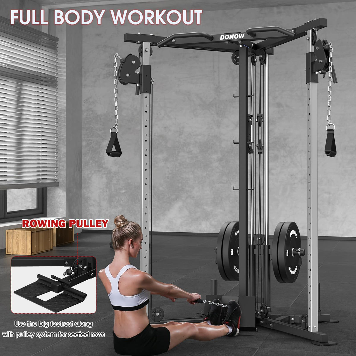 DONOW Cable Crossover Machine, Cable Fly Machine Home Gym System Workout Station with Dual Pulley System Pull-Up Bar Cable Bar and LAT Pull Down System