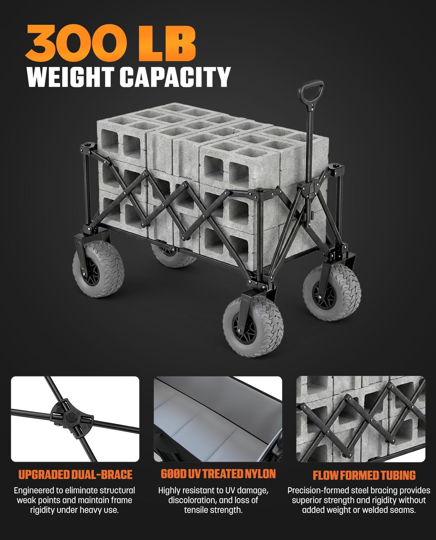 Beach Wagon with Heavy-Duty 10" Air Tires - All Terrain Folding Card with Big Wheels for Sand and Gravel - 300 LB. Capacity (Black/Gray)