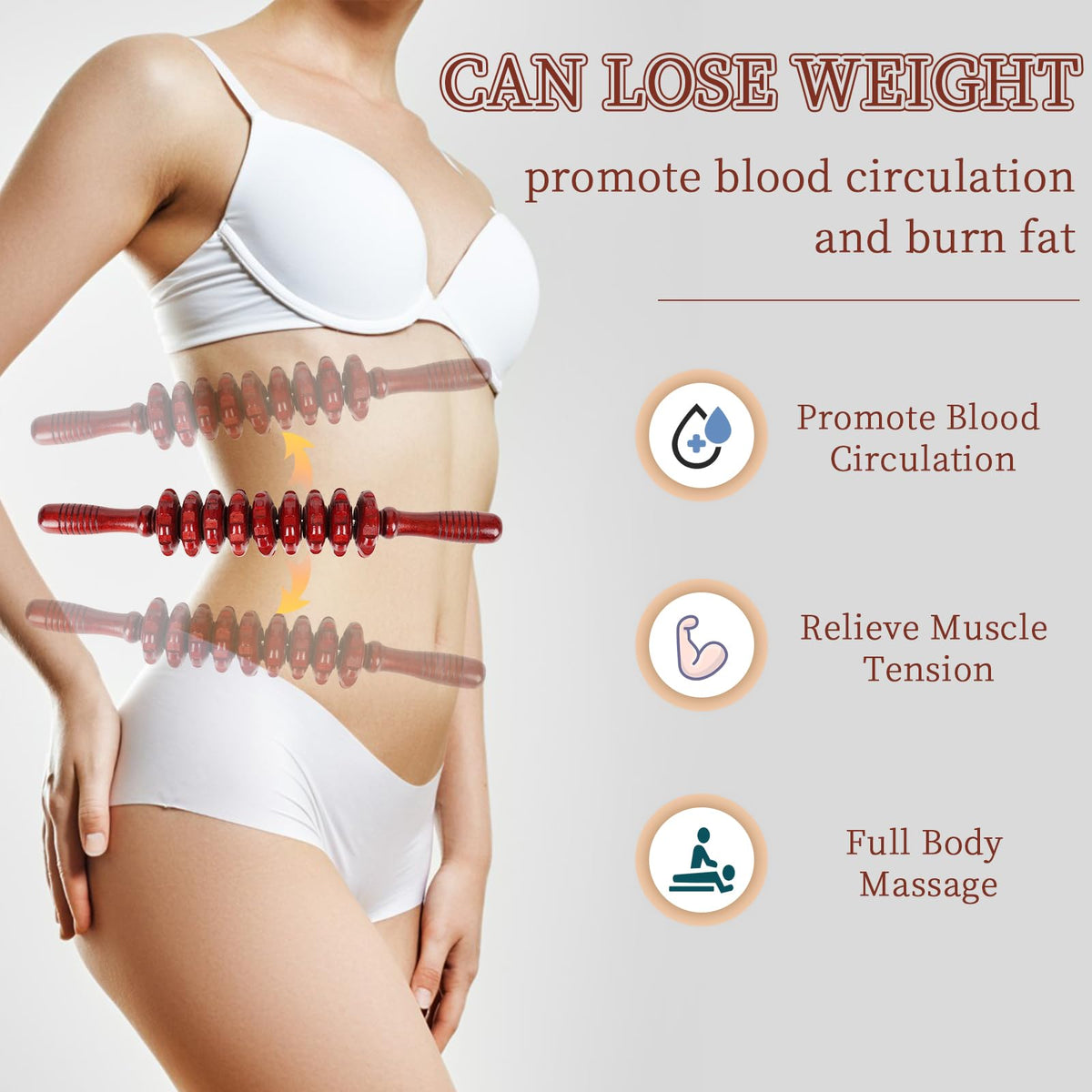 Liitrton Manual Wooden Fascia Massage Roller Trigger Points for Release Cellulite Sore Muscle Blasting (Red straight-9-Wheel)