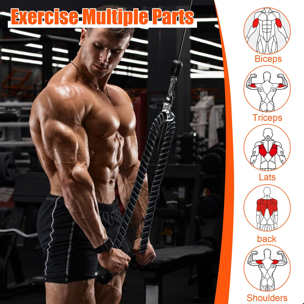 Warmroom Long Tricep Pull Down Rope Exercise Tricep Rope 55 inch Pull Down Rope with Latch Gym Cable Machine Accessories