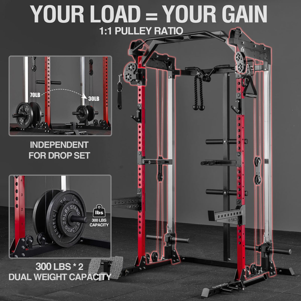 Mikolo Power Cage, 2000LB Power Rack with Independent Dual Pulley System, Multi-Function Home Gym Workout Machine for Cable Crossover (Aluminum Pulleys)