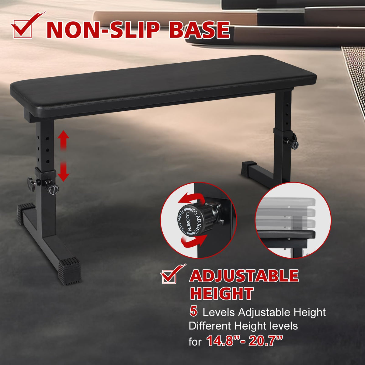 MIUDGIG Flat Weight Bench, Adjustable Height Strength Training Bench, Heavy Duty Workout Bench for Home Gym, Multifunctional Exercise Bench Press for Full Body Exercises & Fitness, Home/Gym Easy Assembly