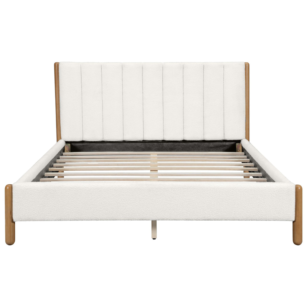Ball & Cast Queen Size Bed Frame with Thick Boucle Upholstered Headboard, Solid Wood Legs, No Box Spring Needed Platform Bed, Underbed Storage Space,White