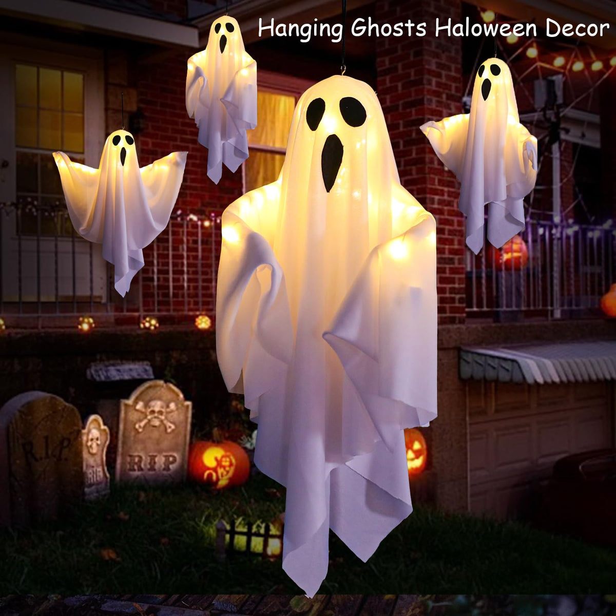 Lifnatty Halloween Hanging Ghost Lights with Remote Control – Floating Ghost Decorations with Timer, 8 Lighting Modes, Battery Operated for Scary Halloween Decor Indoor Outdoor (2-Pack)