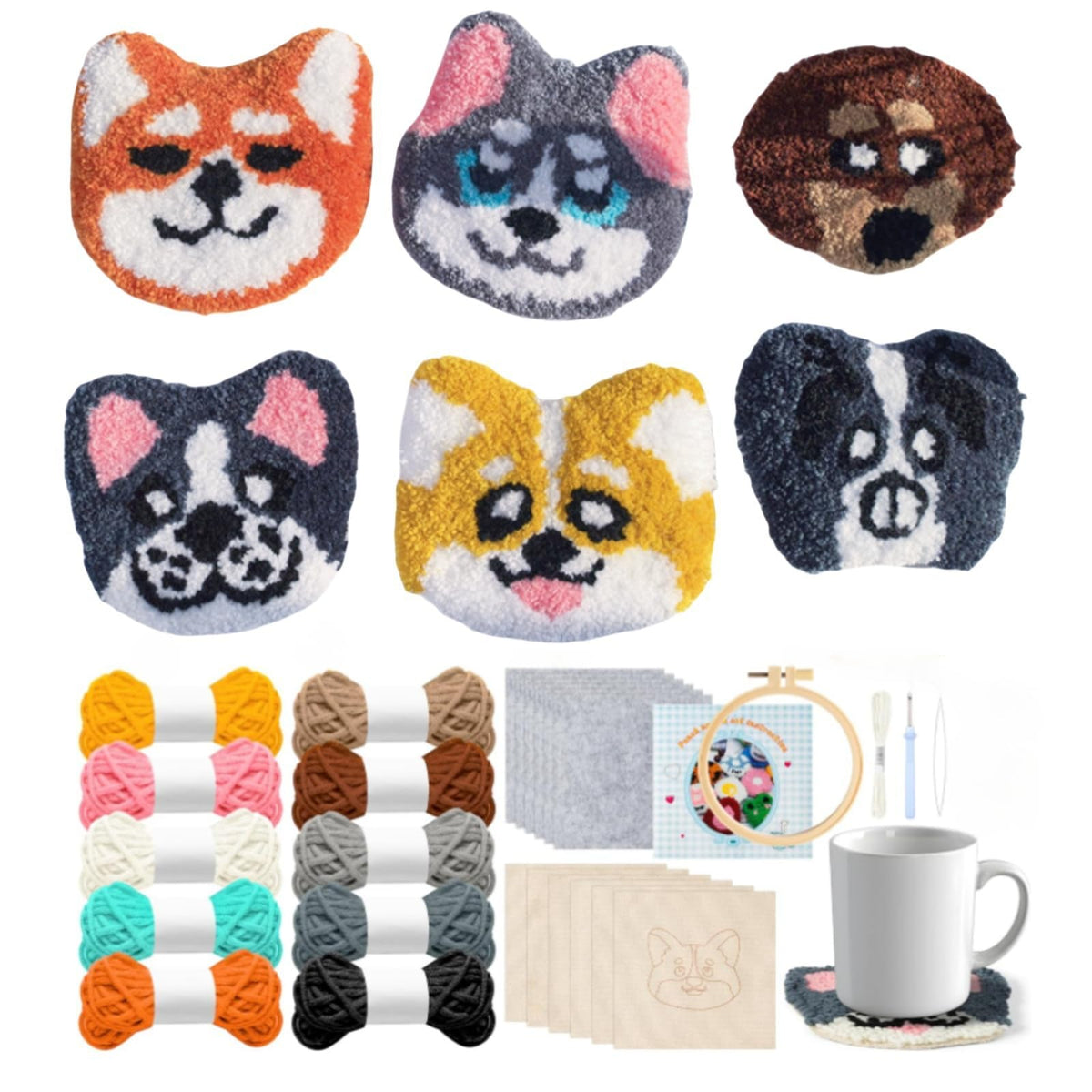 Avtytsda 6PCS Punch Needle Coaster Kit,Easy Punch Needle DIY Embroidery Set with Tools, Yarns, Hoop, Instructions Easy for Beginners, Kids, Adults, Handmade Gift and Decoration (Cute Dog)