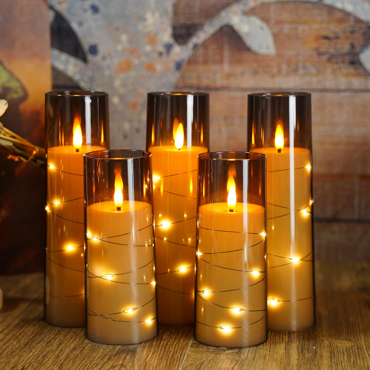 Eebuss Flameless Candles with Embedded Star String, Battery Operated LED Pillar Candles with Timer and Remote Control,Home Decorating for Ambiance， Set of 7(Grey)
