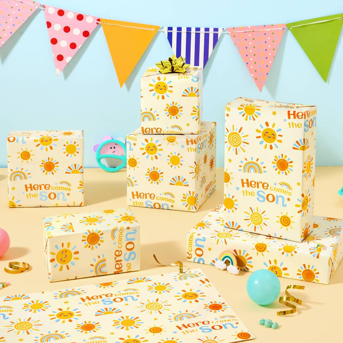 WERNNSAI Baby Sun Wrapping Paper - 6 Sheets 19.7” x 27.5” Baby Shower Wrapping Paper Boy Yellow Sunflower Paper Boho Design for 1st Birthday Gift Wrap Supply