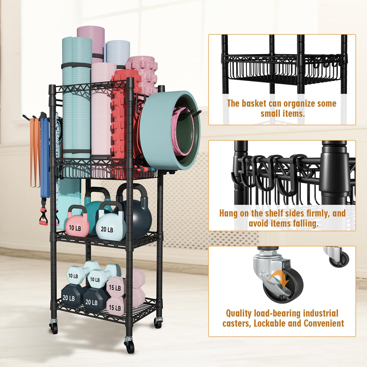 FUTASSI S1 Home Gym Storage, 3-Tier Workout Equipment Organizer with Wheels for Yoga Mats, Foam Roller, Dumbbells, Kettlebells, and Resistance Bands, 47.2" H x 27.1" L x 11.8" D, Black