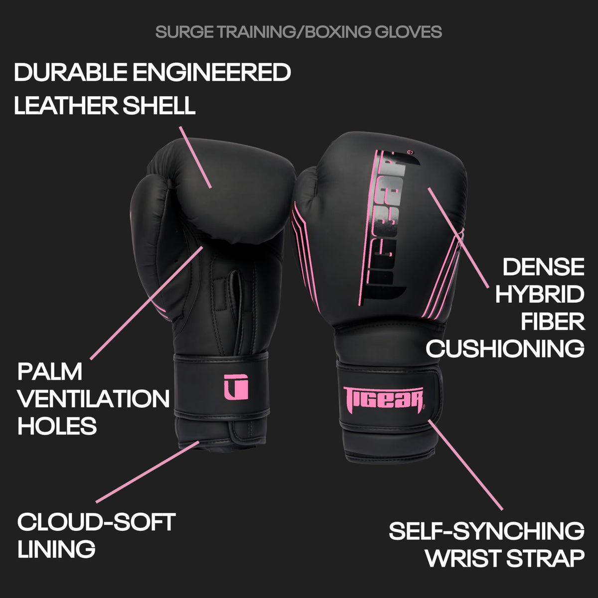Tigear Surge Pro Boxing Gloves for Men Women & Kids | Engineered Leather Muay Thai Gloves, MMA Gear, Kickboxing Heavy Bag Training and Sparring | Black/Pink (12oz)