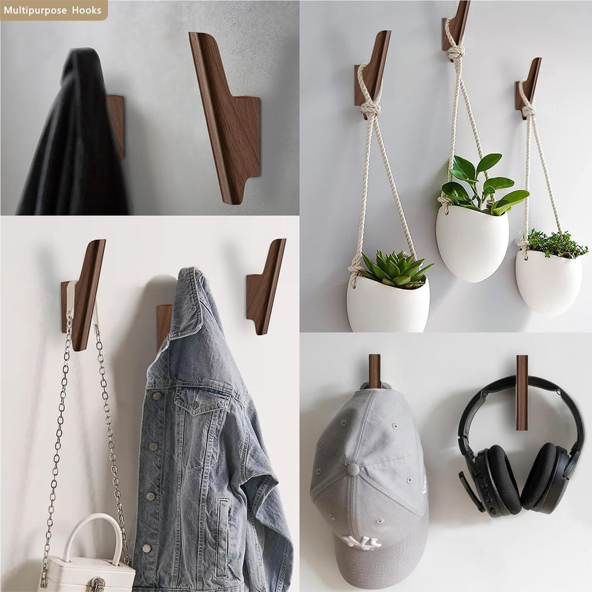 FCOWK Wood Wall Hooks 4 Pack Coat Hooks Wall Mount Walnut Wooden Hooks for Hanging Hat, Bag, Backpack, Rustic Coat Hooks for Wall, Wood Towel Hooks for Bathrooms and Entryway Hooks (Walnut, Dark)