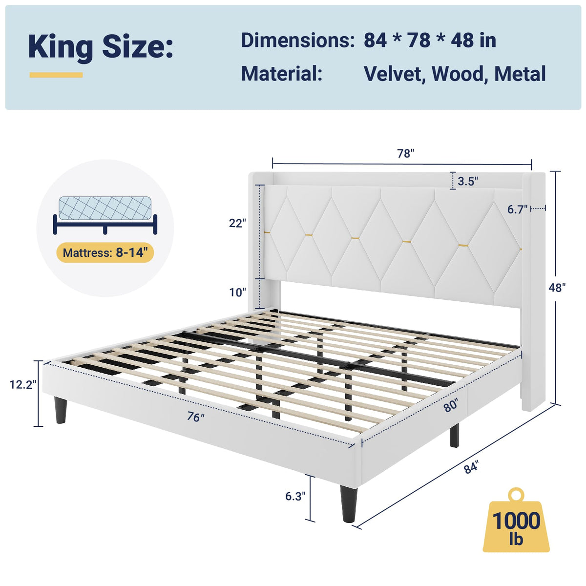 Allewie Velvet King Size Upholstered Bed Frame with Wingback Storage Headboard & Charging Station, Platform Bed with Diamond Tufted Design & Gold Trim, No Box Spring Needed, Easy Assembly, White