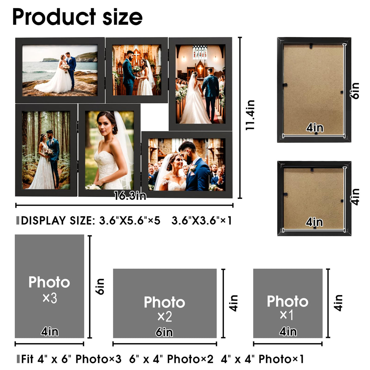 WARM&LOVE 6 Picture Frame, 4x6 & 4x4 Six Folding Hinged Photo Frames, Rustic Wood Desk Family Photo Collage Stand Vertical on Tabletop for Birthday Family Lover Gift (Black)
