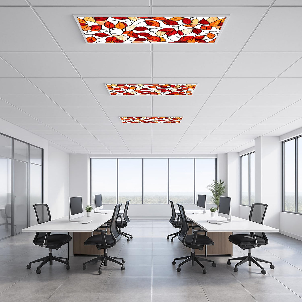 Fluorescent Light Covers for Ceiling Lights-Magnetic,2pcs,Geometric & Stained Glass Designs for Ceiling Lights 2ft x 4ft-For Classroom, Office，Home (Stained Glass Leaves, 48"L x 24"W-2pcs)