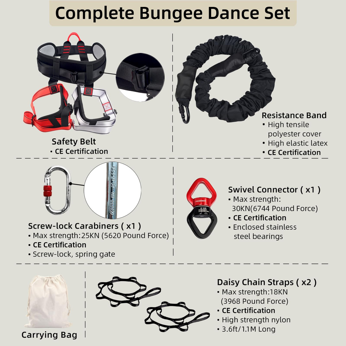 PRIORMAN Professional Bungee Dance Fitness Kit, 6 Sizes, CE Certified Complete Harness Set with Resistance Band & Hanging Hardware for Suspension Training Home & Studio(S)