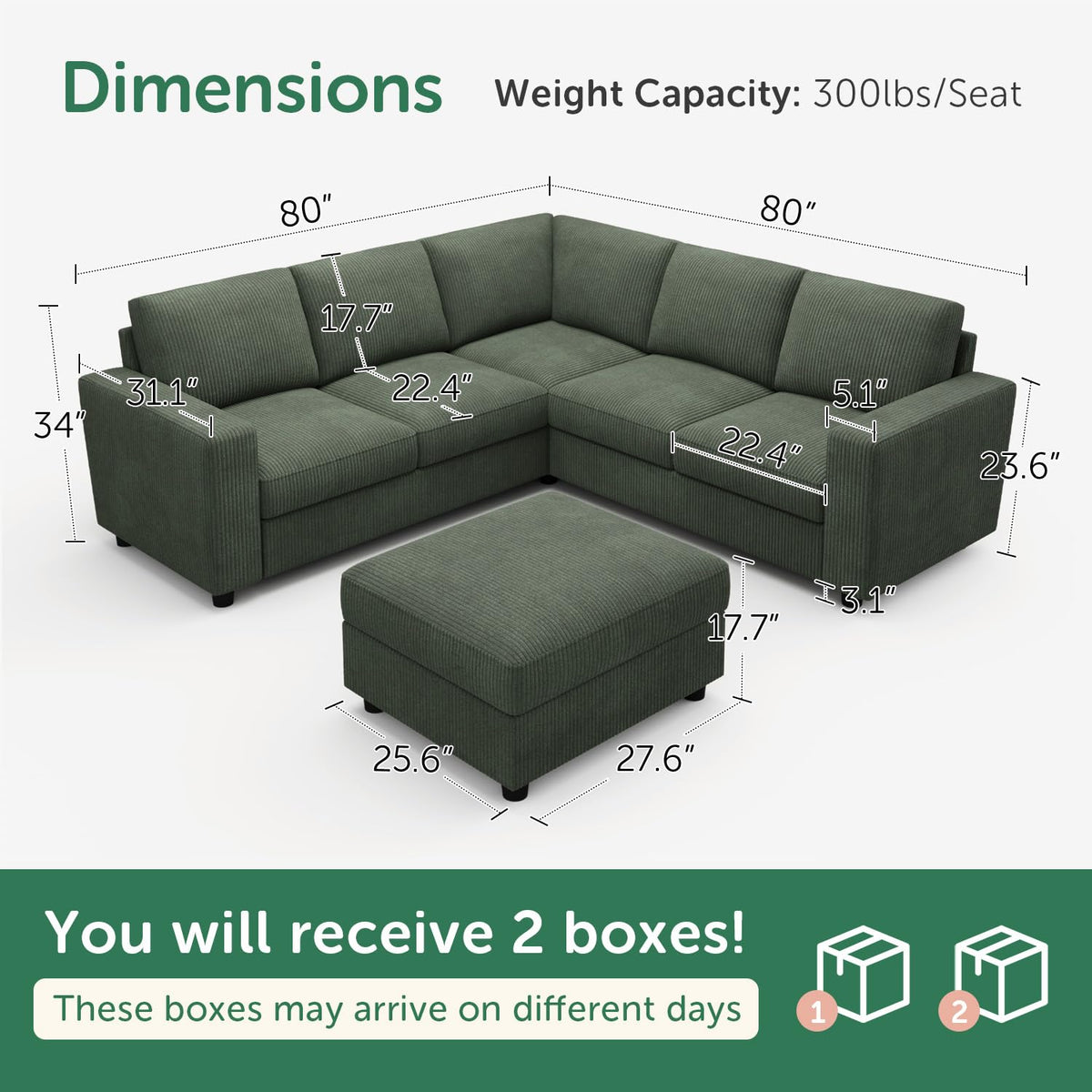 HONBAY Corduroy Sectional Sofa, 80 Inch 6 Seats L Shaped Couch with Ottoman for Living Room, Green