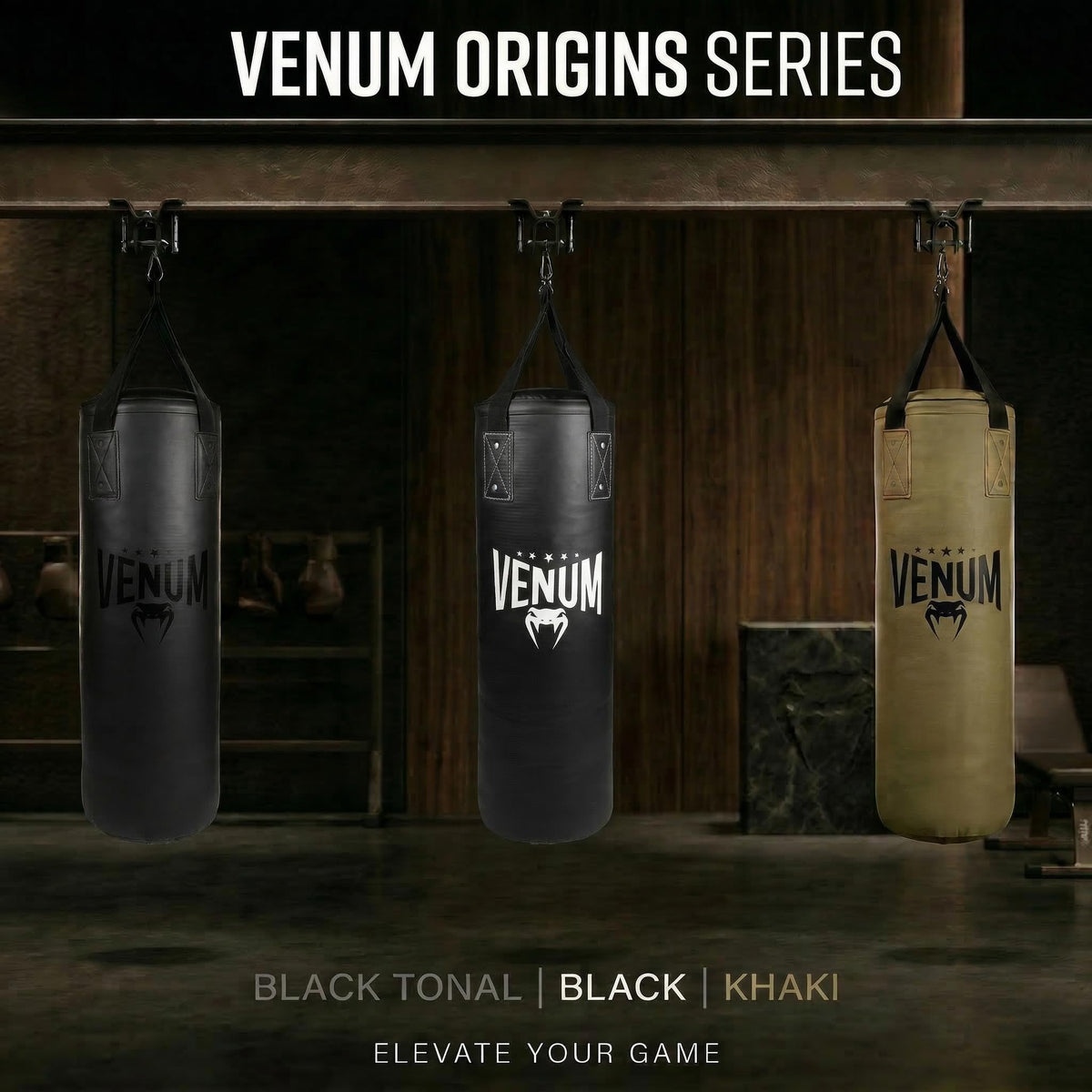 Venum Origins Punching Bag (Ceiling Mount Included) - Black/Black, 70 lbs