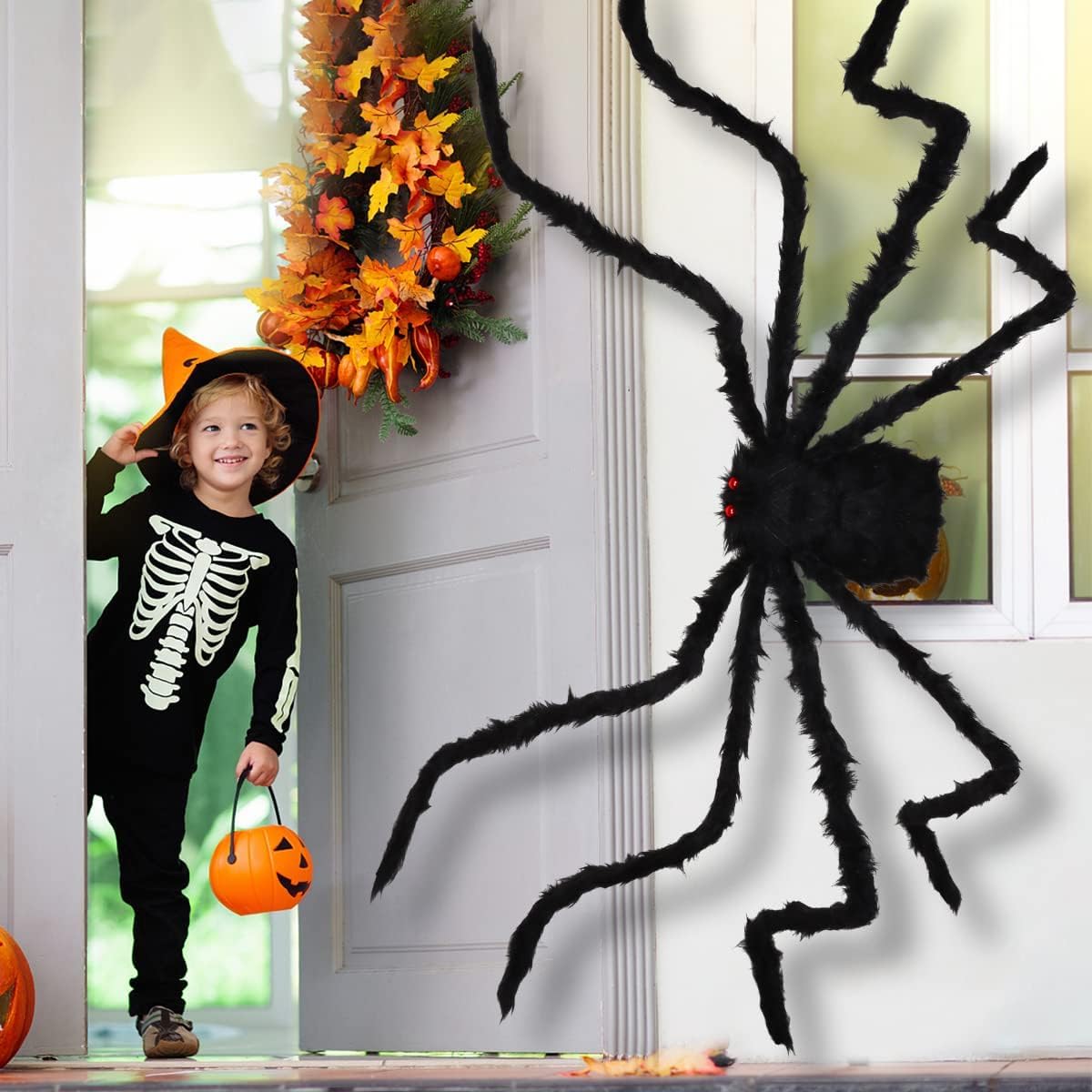Epesl Halloween Giant Spider Outdoor Decorations, 7.5Ft Huge Hairy Black Spider, Scary Fake Spider Props for Halloween Indoor, Outdoor and Yard Patio Window Creepy Decor Supplies