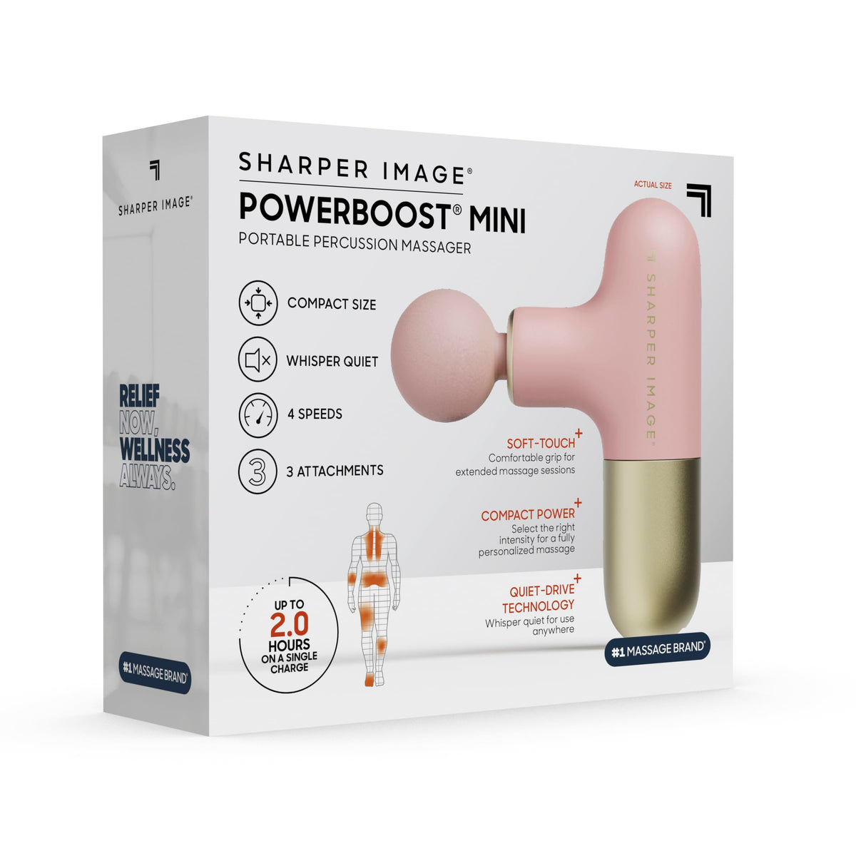 Sharper Image PowerBoost Mini Massage Gun - Portable Deep Tissue Percussion Massager | Muscle Recovery & Pain Relief | Quiet Cordless Handheld Massage Tool | Powerful & Compact| 4 Speeds| Travel Pouch