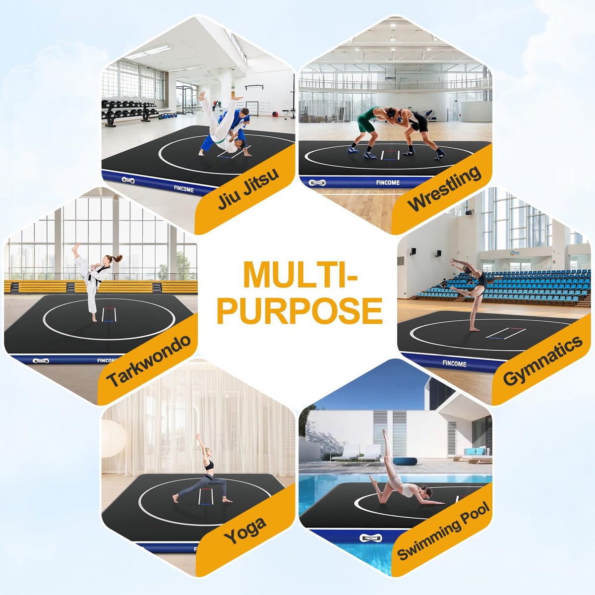 FINCOME Inflatable Wrestling Mat 16ft/13ft/10ft, 4" Thick Foldable Jiu Jitsu Mats Wrestling Mats for Home Outdoor Indoor, Waterproof PVC Mat for Gymnastics, BJJ, MMA, Grappling, Judo, Boxing, 10ft*10ft*4inch,Blue