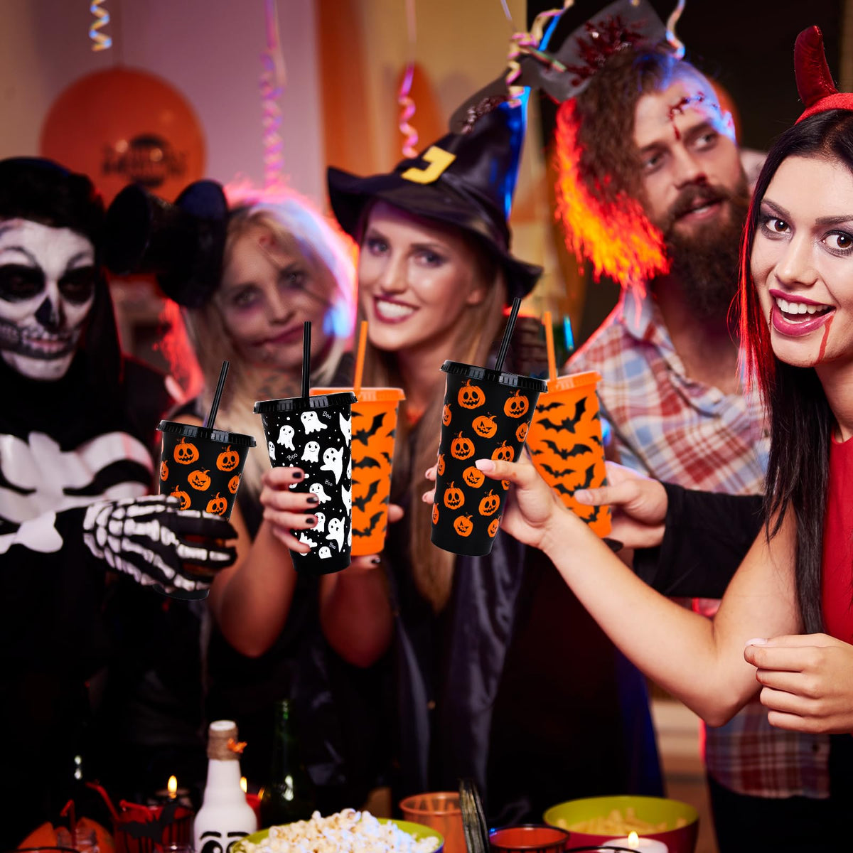 Whaline 12 Pcs Halloween Plastic Tumbler with Lids Straws Pumpkin Ghost Bats Reusable Cups 24oz Black Orange Travel Mug Cups for Iced Coffee Drinks Holiday Horror Party Supplies