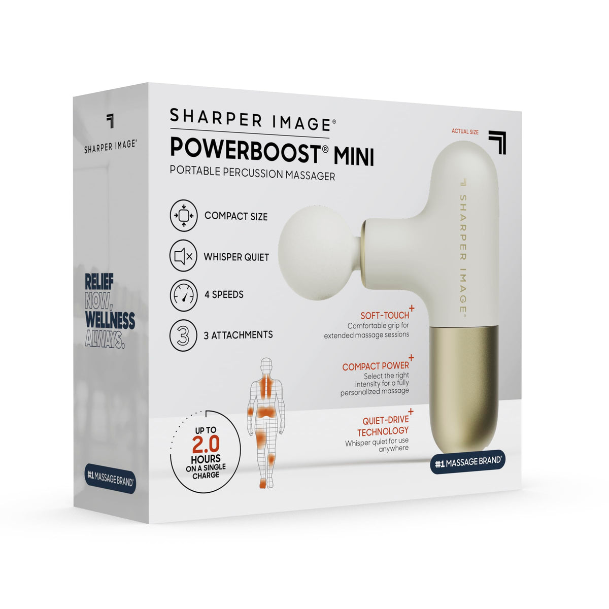 Sharper Image PowerBoost Mini Massage Gun - Portable Deep Tissue Percussion Massager | Muscle Recovery & Pain Relief | Quiet Cordless Handheld Massage Tool | Powerful & Compact| 4 Speeds| Travel Pouch