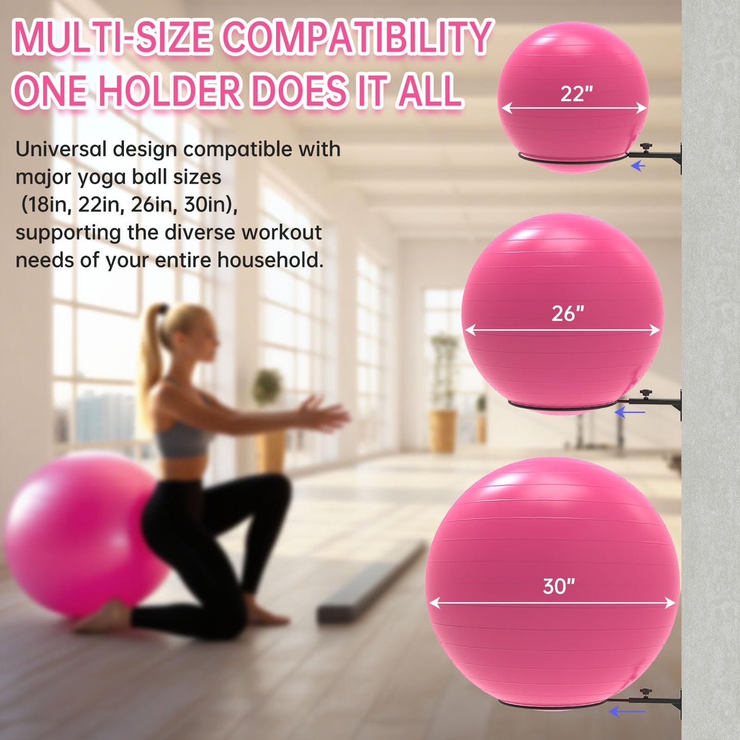 KOMOHOM Universal Wall-Mounted Exercise Ball Holder, Adjustable Yoga Ball Storage Rack for 14 to 30 Inch Stability Balls, Heavy-Duty Metal with 12-Inch Diameter Ring, Space-Saving Design