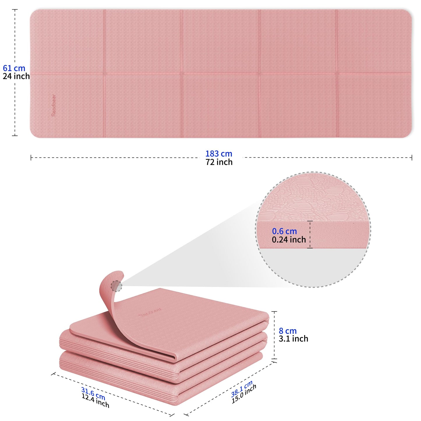 READAEER Foldable Yoga Mat for Travel Folding Yoga Mat 6mm Thick with Carrying Bag, Non-Slip TPE Exercise Pilates Mat for 72" L x 24" W x 0.24 Inch (Pink)