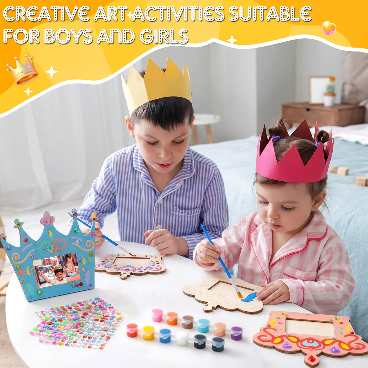 Blueweenly 12 Pcs DIY Picture Frame Painting Craft Kits for Kids Wooden Crown Princess Party Favors Paint and DIY Your Own Frame with 88 Cell Rhinestone Stickers 12 Color Paint Girl Birthday (Square)