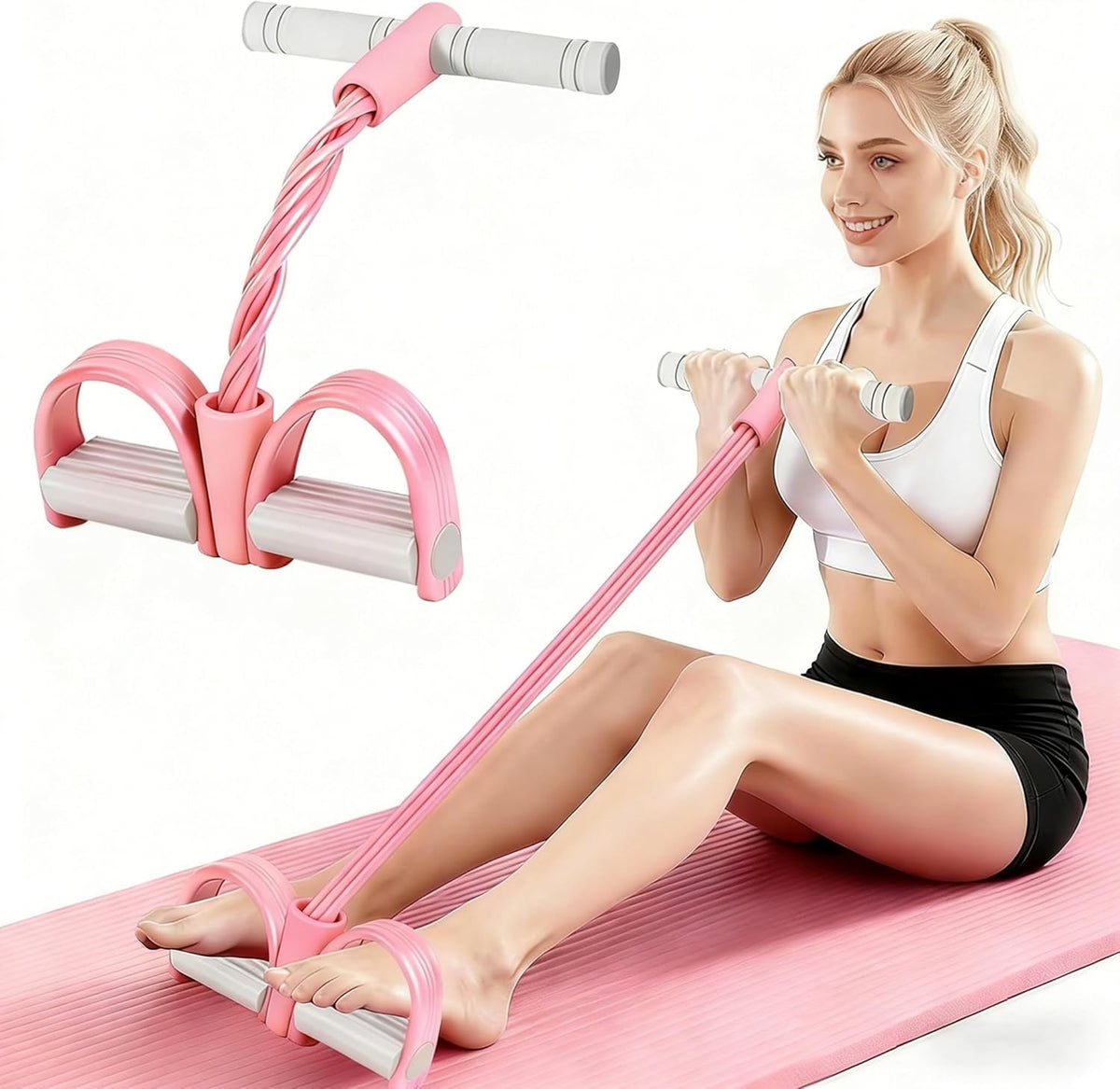 8-Tubes Pedal Resistance Band with Handle, Multifunction Exercise Rope for Working Out, Foot Pedal Resistance Band for Abdomen, Waist, Arm, Leg, Pink