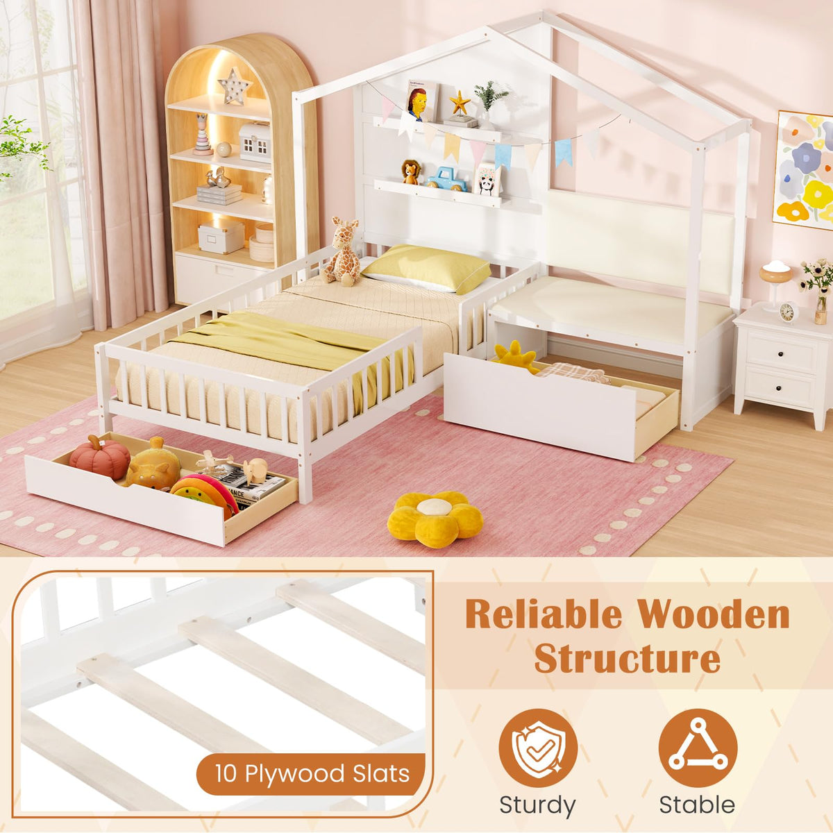 Giantex Twin House Bed for Kids, Wooden Kids Twin Bed Frame with Padded Bench, Floating Bookcase & 2 Rolling Storage Drawers, Wooden Montessori House Bed for Girls Boys, No Box Spring Needed, White
