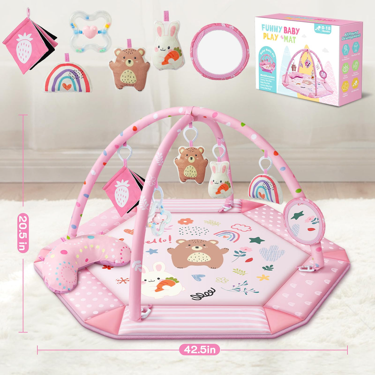 Baby Gym Play Mat, 8-in-1 Tummy Time Mat & Ball Pit with 6 Toys, Washable Baby Activity Mat for Visual, Hearing, Sensory, Motor Development, Babies Gift for Newborn Infant 0-3-6-9-12 Months (Pink)