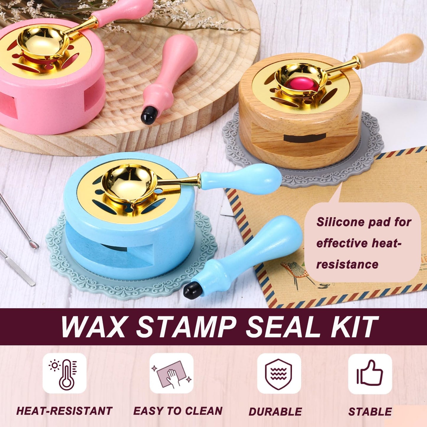 PATIKIL Wax Stamp Seal Kit, Wax Seal Kit Include Sealing Warmer, Melting Spoon, Silicone Pad, Retro Melt Stove Pot Furnace Tool for Envelope Letter Mailing Crafts DIY, Light Green/Green